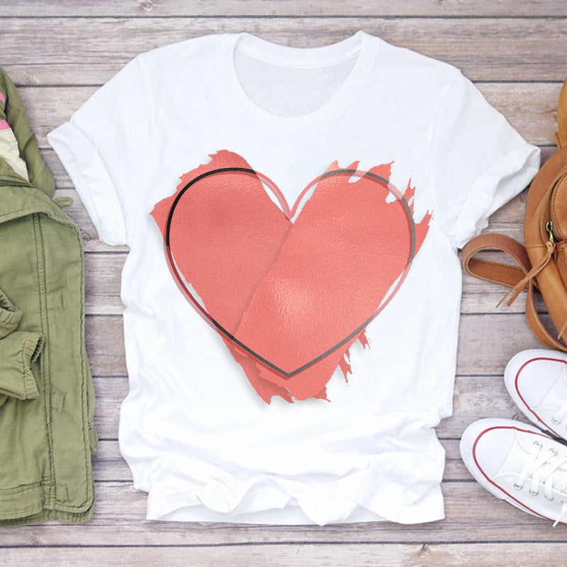 Watercolor Love Fashion Print Short-sleeved T-shirt Women's Trend