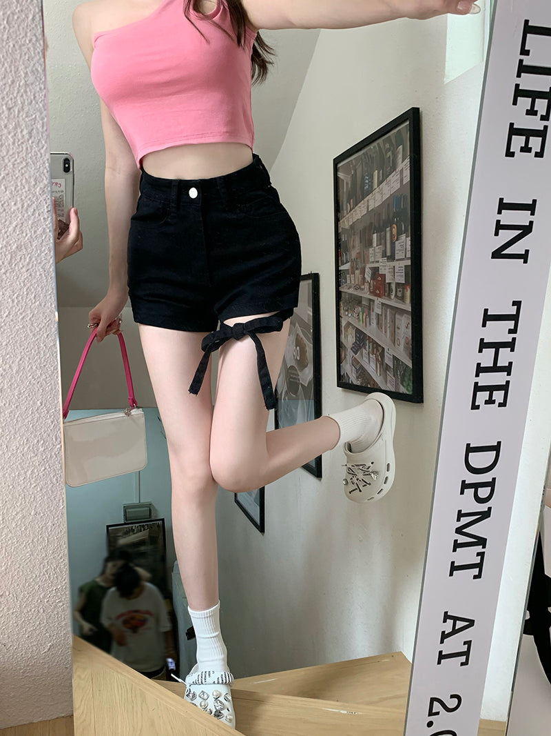 Lace Up Straight Denim Shorts Women's Thin