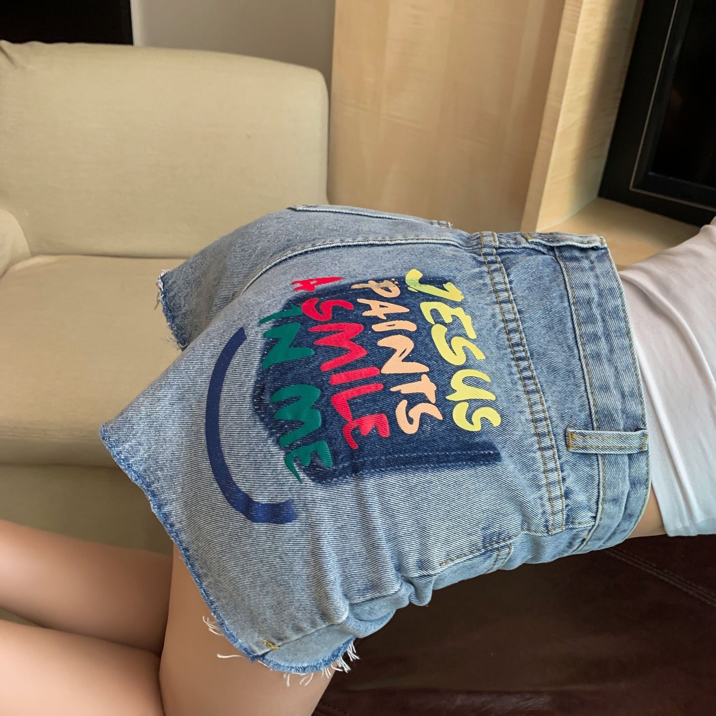 High Waist Printed Lettering Shredded Wide-Leg Shorts