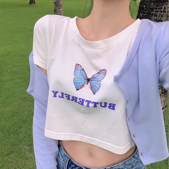 Short Half-Sleeved Top White Butterfly Short-Sleeved T-Shirt