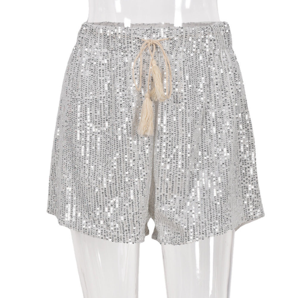 Ladies Fashion Loose Sequin Belt Shorts