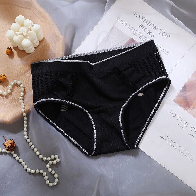 Female Sense Lace Edge Mid-waist Seamless Hollowed Out Traceless Solid Color Briefs High Bounce