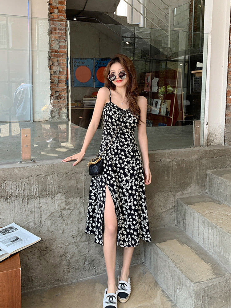 Women's Chiffon French Floral Slit Temperament Suspender Dress