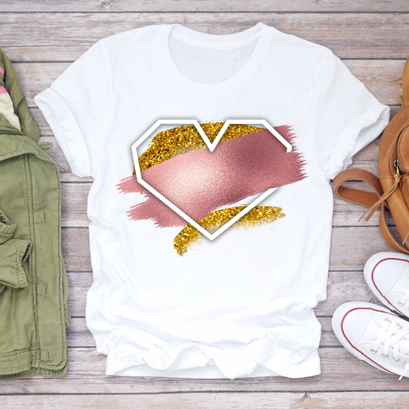 Watercolor Love Fashion Print Short-sleeved T-shirt Women's Trend
