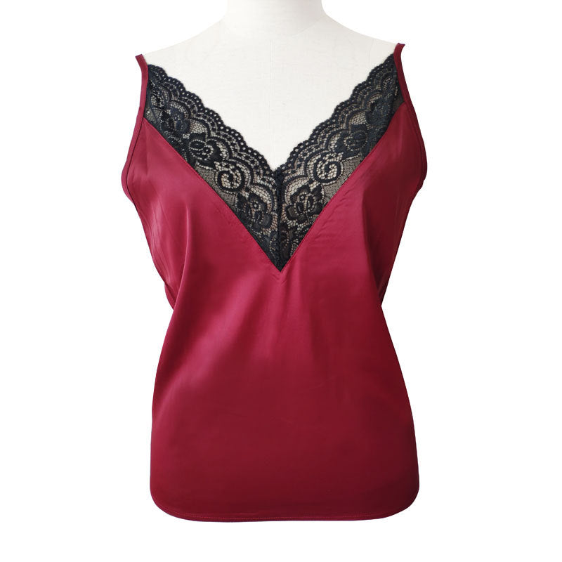 New V-neck Sleeveless Lace Stitching Artificial Silk Women's Vest