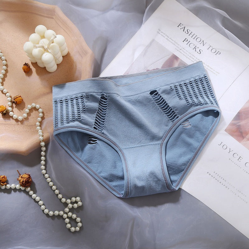 Female Sense Lace Edge Mid-waist Seamless Hollowed Out Traceless Solid Color Briefs High Bounce