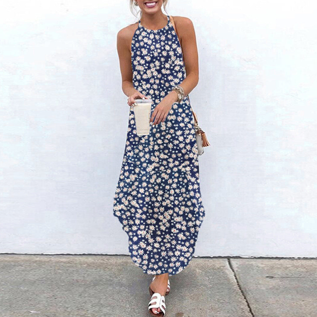 Summer New Style Long Women's Sling Bohemian Print Irregular Loose Sling Dress