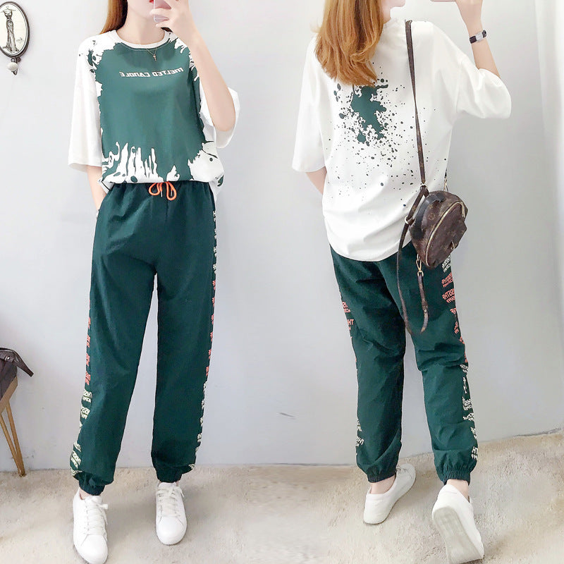 Sports And Leisure Women's Loose Trousers Summer Short-sleeved Student Two-piece Suit