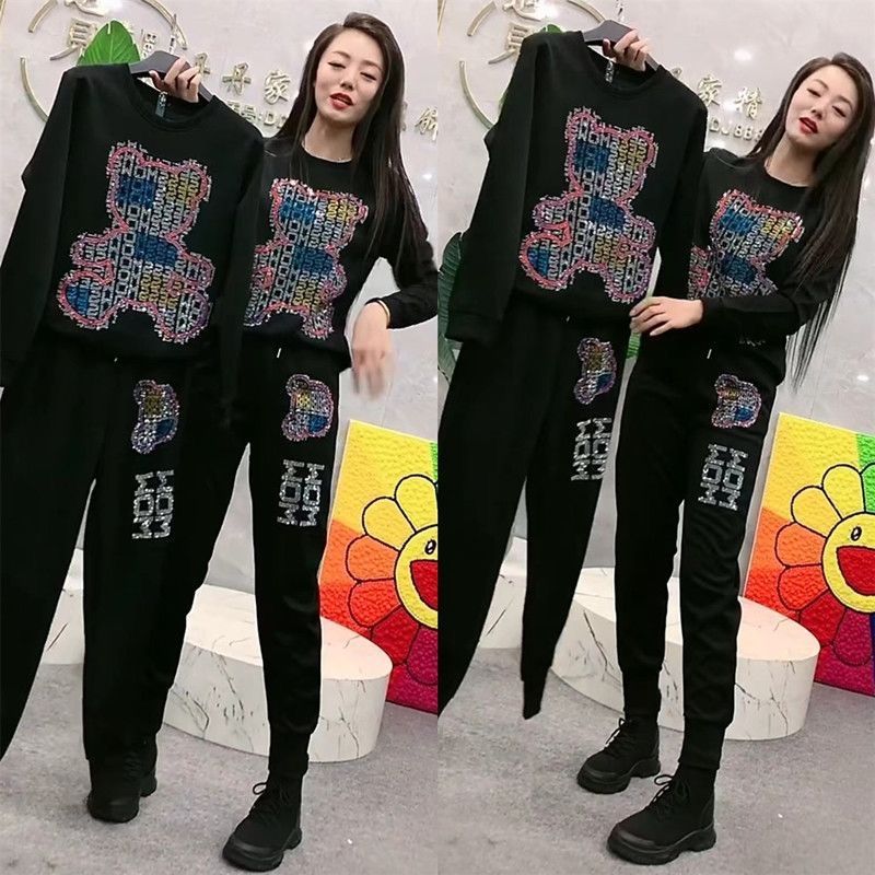 Casual Sports Round Neck Jumper Bright Drill Net Red Bear Hoodie Two-piece Set
