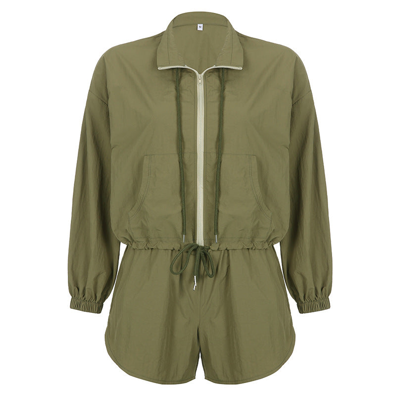 Long-sleeved Coat Shorts Two-piece Women's Army Green Zipper Stand-up Collar