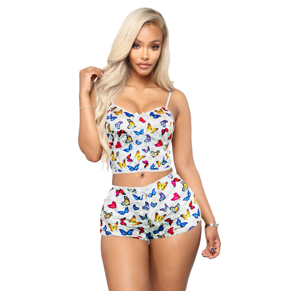 Hollow Sexy Print Slim Velvet Two-piece Suit