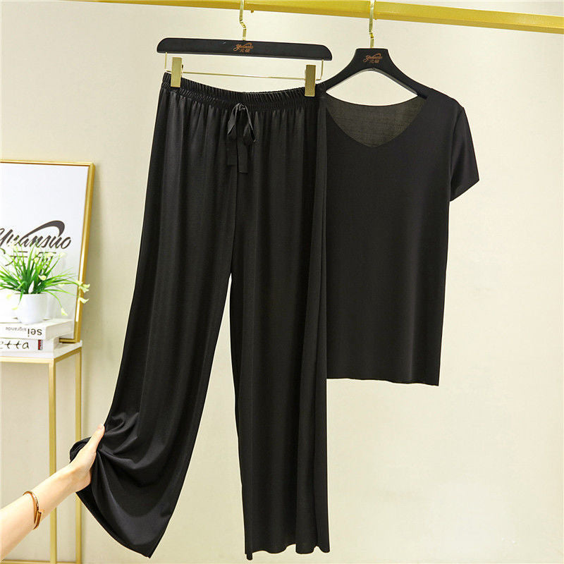 Ladies Temperament Sports Casual Wide Leg Pants Short Sleeve Two Piece Set