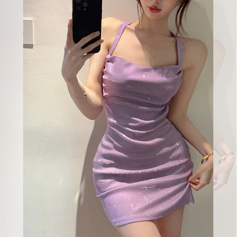 Summer Tight Waist Sheath Shiny Backless Lace Up Suspender Skirt For Women