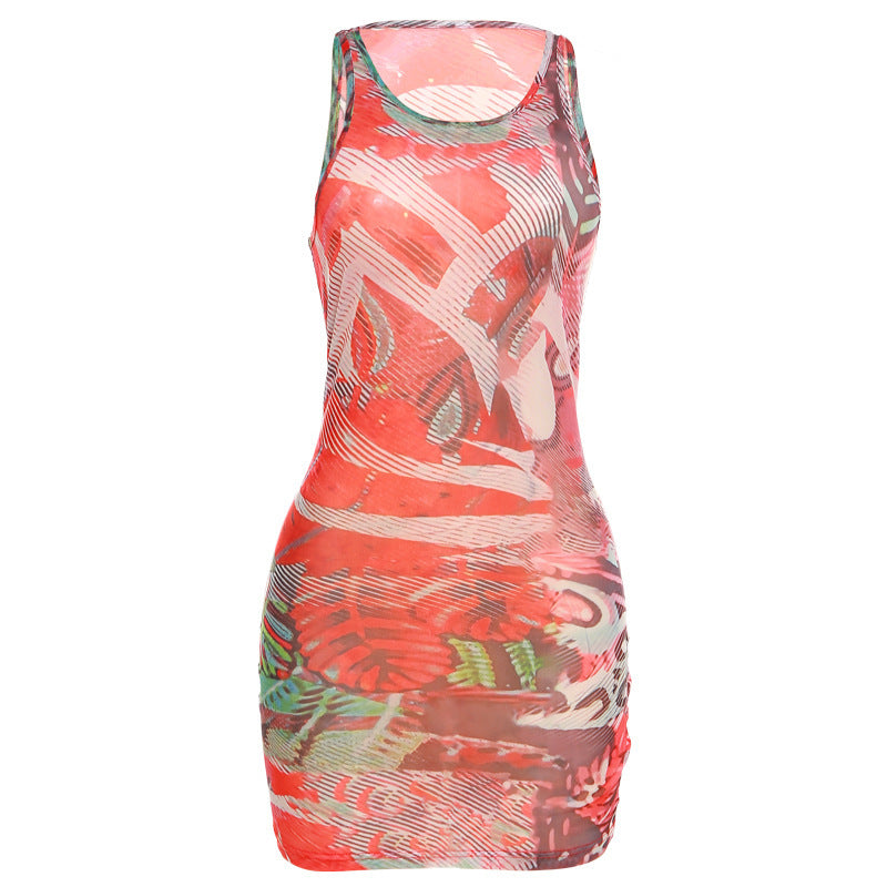 Women's Fashion Mesh Printed Sleeveless See-through Dress