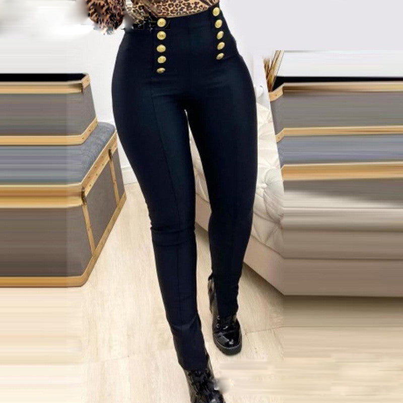 Button-Embellished High-Rise Skinny Trousers