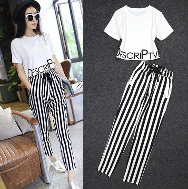 New Women's Fashion T-shirt Striped Harem Pants Casual Suit