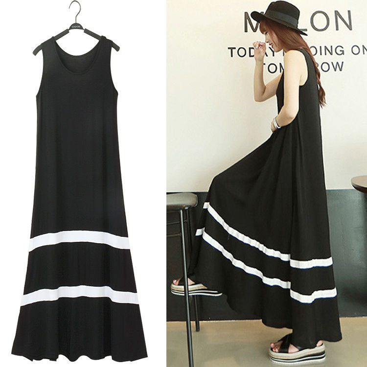 Loose Black And White Striped Sleeveless A-line Skirt With Big Swing Dress Temperament