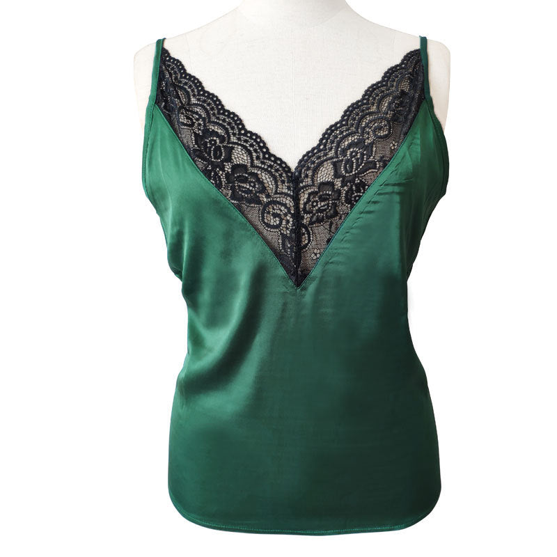 New V-neck Sleeveless Lace Stitching Artificial Silk Women's Vest