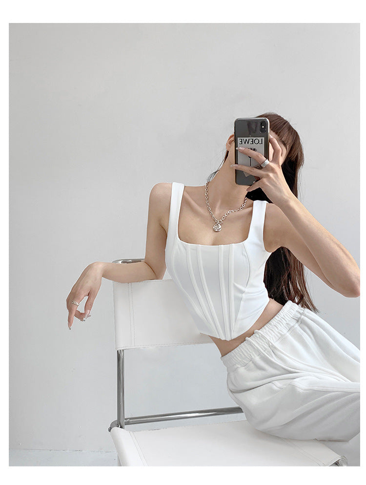 Square Collar Fishbone Waist Girdle Spaghetti-strap Camisole Top