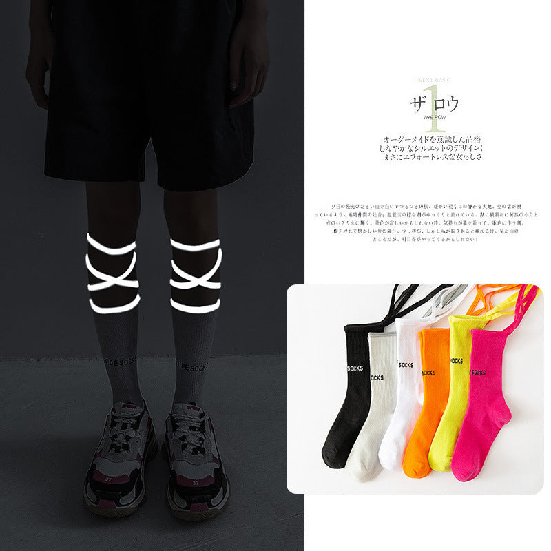 New Fluorescent Bandage Socks Female Letter Printed New Trendy Bar Nightclub Personality Reflective Cross High Quality Socks