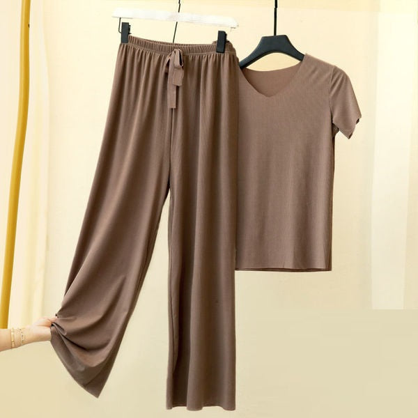 Ladies Temperament Sports Casual Wide Leg Pants Short Sleeve Two Piece Set