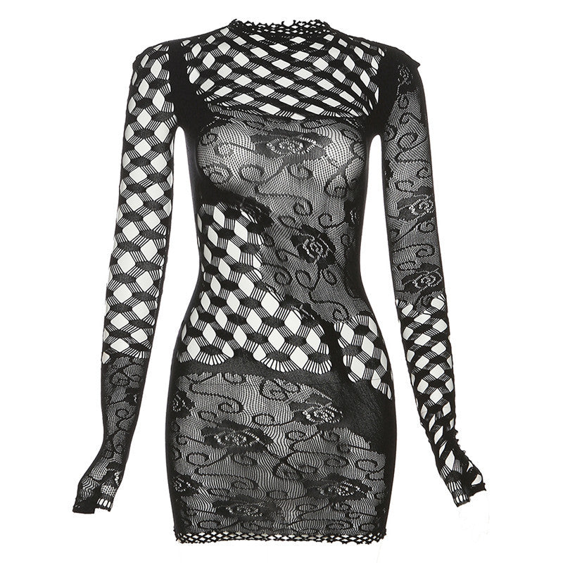 Jacquard Hollow Round-neck High Waist Slim Short Dress