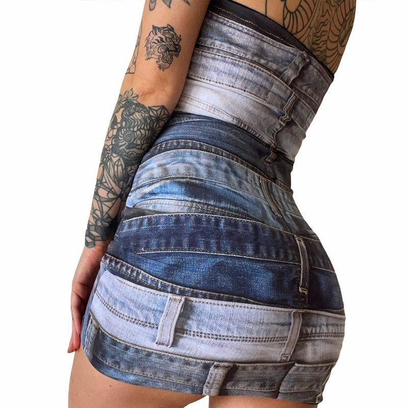 Women's Fashion Printed Slim Fit Tube Top Package Hip Dress