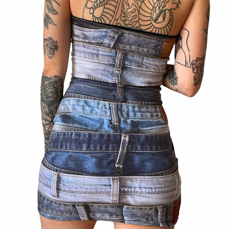 Women's Fashion Printed Slim Fit Tube Top Package Hip Dress