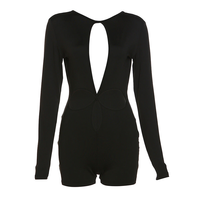 Women's Round Neck Long Sleeve Fashion Hollowed-out Sheath Jumpsuit Casual Pants For Women