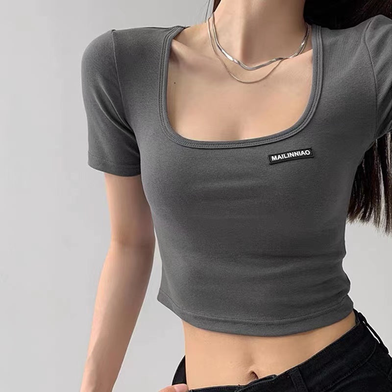 Square Neck Collarbone Tight Base Summer Hot Girl Short-sleeved Slim Top