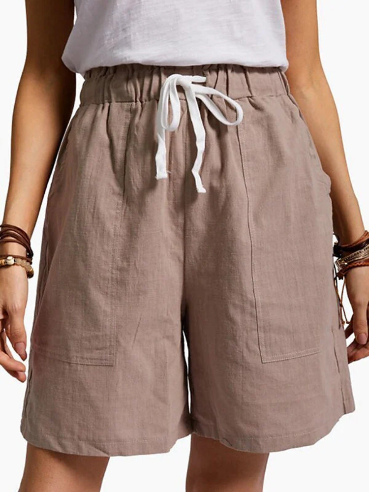 Women's Fashion Solid Color Cotton Linen Elastic Waist Lacing Shorts