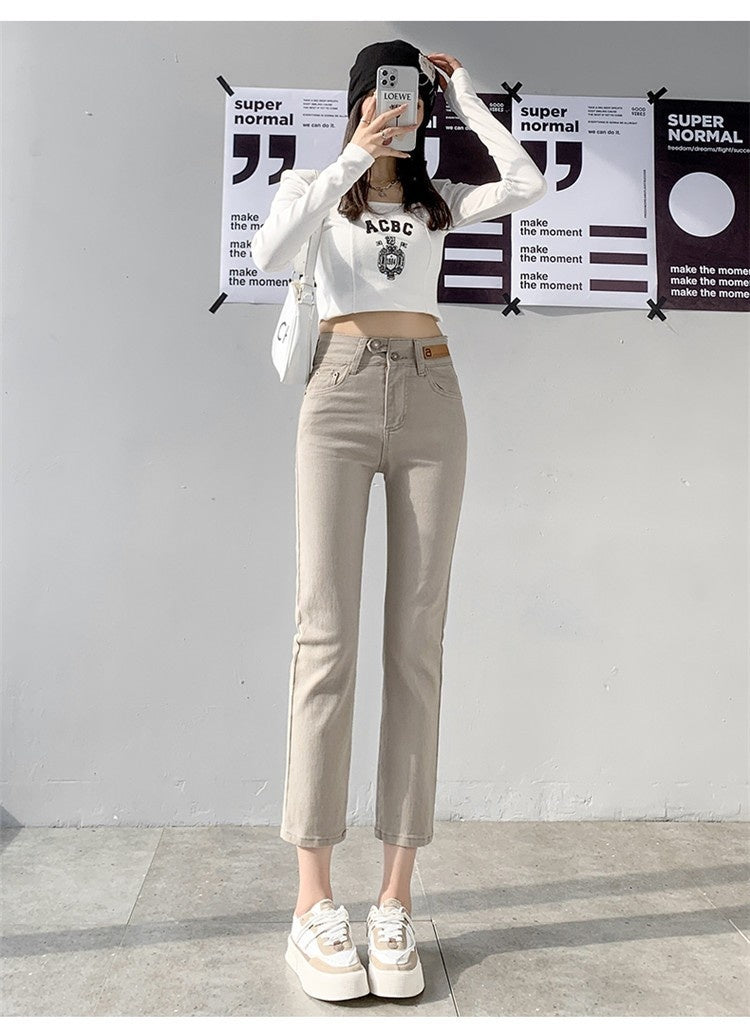 Autumn And Winter Stretch Fleece Ankle-tied Straight Jeans Women's Cropped Pants Small