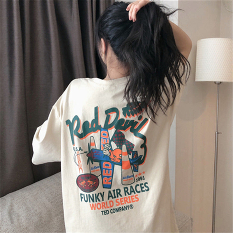 Clothes Cartoon Print Loose Short-sleeved Apricot Top