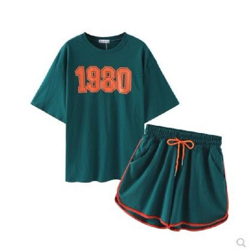 Summer Casual Sports Suit Women's Fashion Short-sleeved Wide-leg Pants Two-piece Set