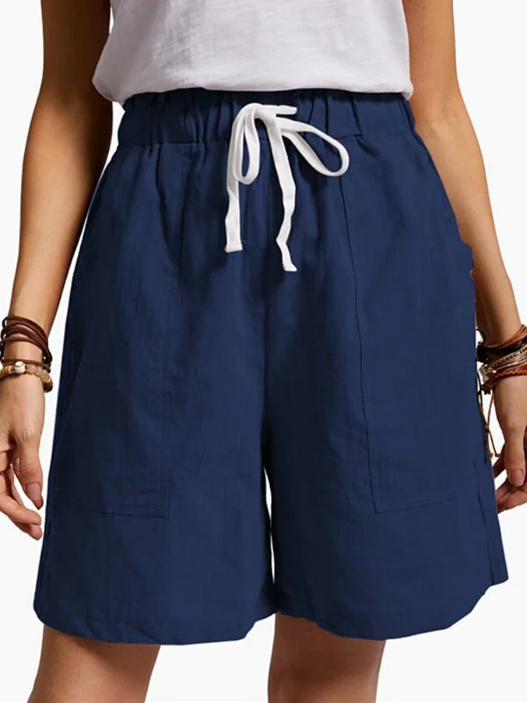 Women's Fashion Solid Color Cotton Linen Elastic Waist Lacing Shorts