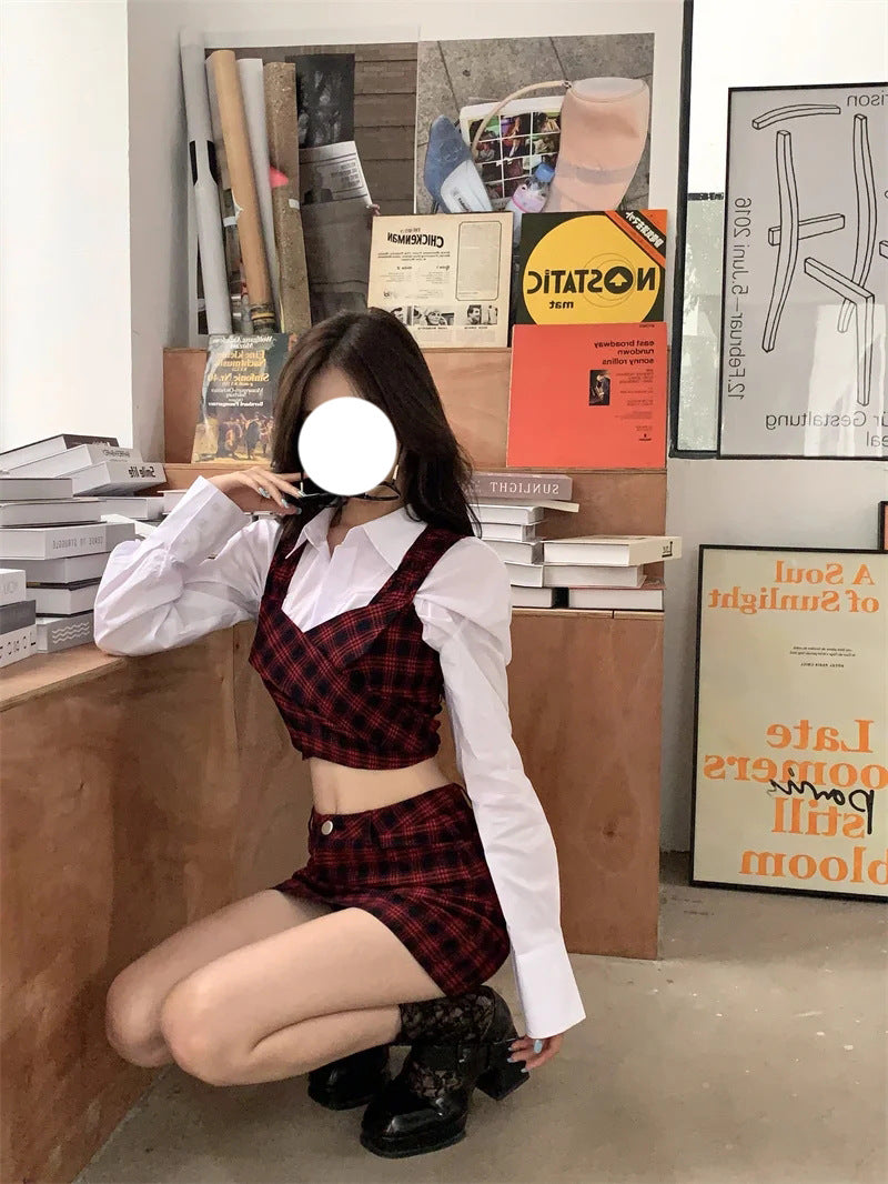 White Shirt Strap Vest Plaid Skirt Set Of Three