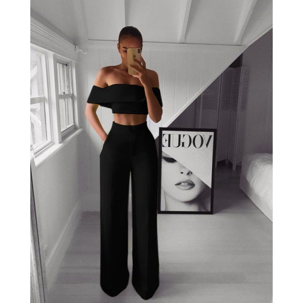 Omulka Flounces 2-Piece Women's Cropped Top And Wide-leg Pantsuit Fall  Office Women's Shiny Green Set