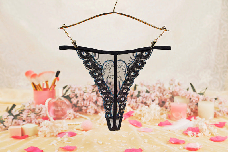 Women's Sheer Mesh Embroidered Peacock Tail Simple Briefs