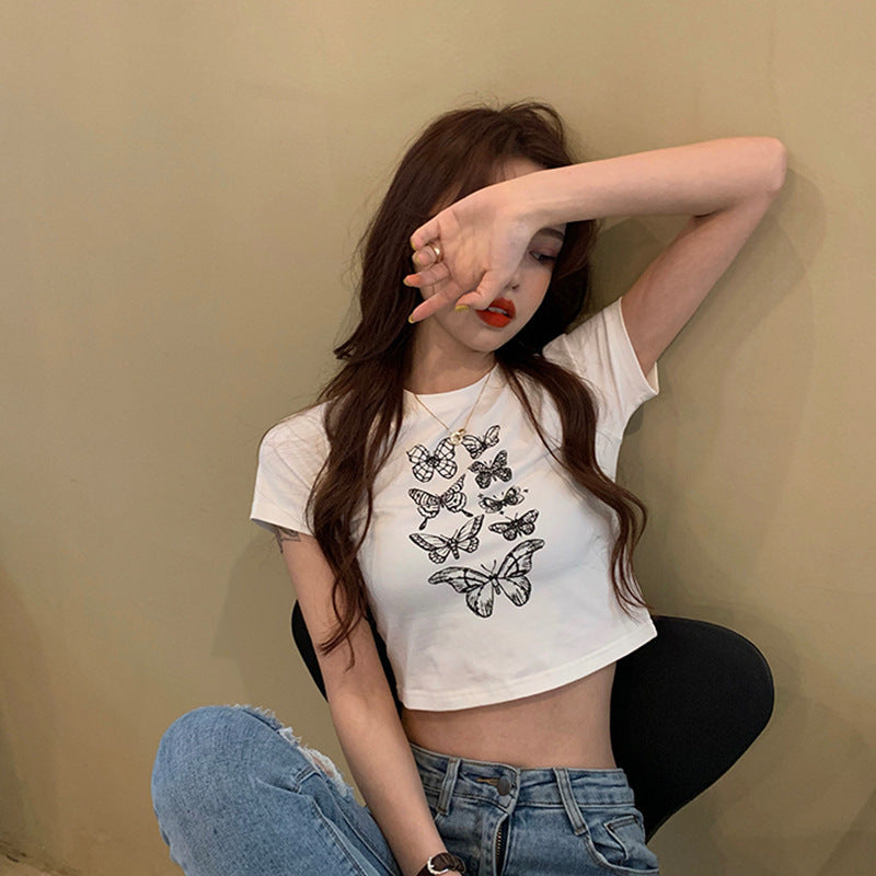 Short Half-Sleeved Top White Butterfly Short-Sleeved T-Shirt