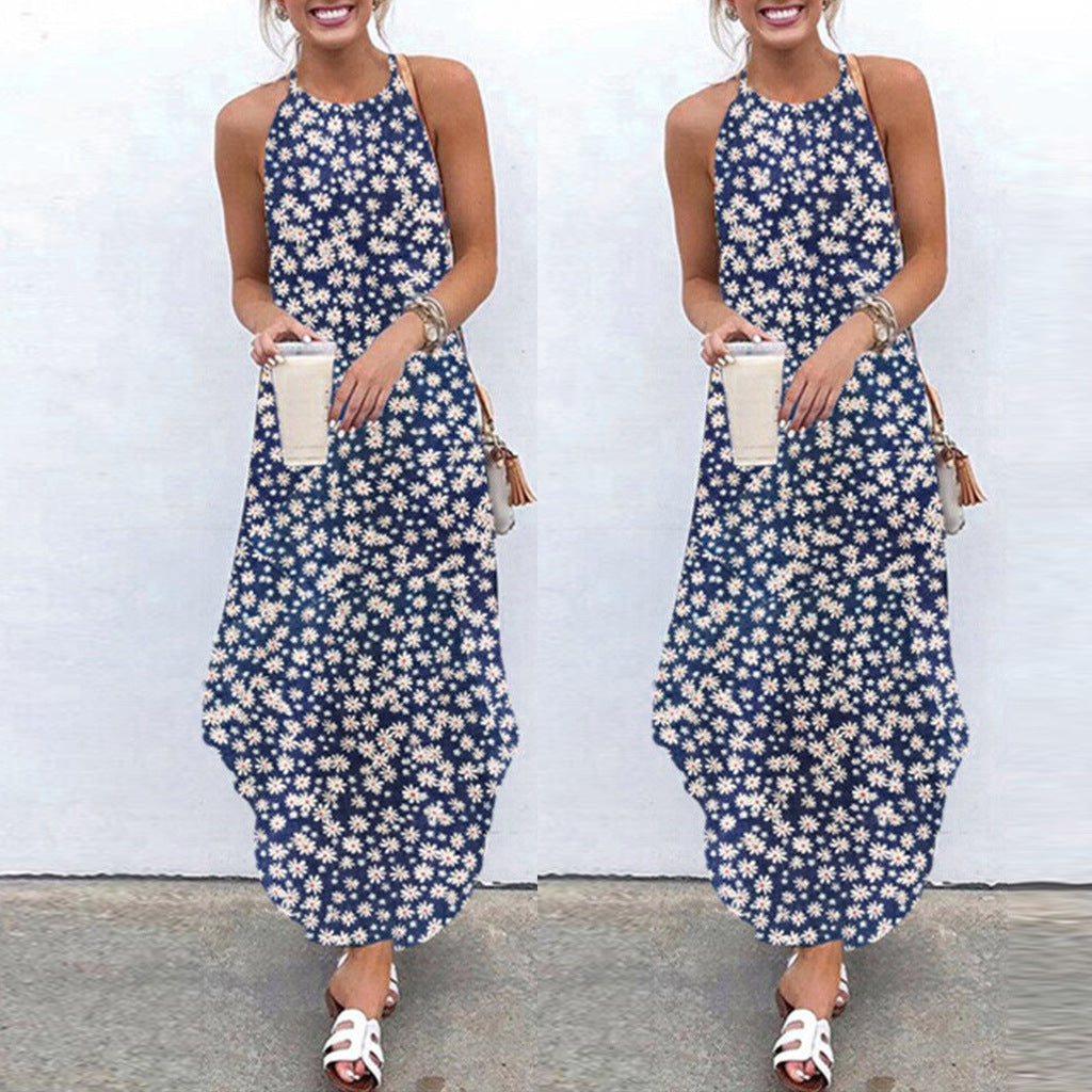 Summer New Style Long Women's Sling Bohemian Print Irregular Loose Sling Dress