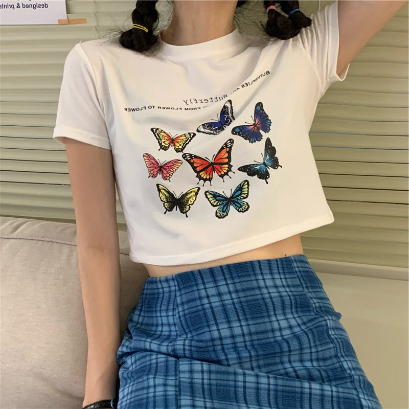 Short Half-Sleeved Top White Butterfly Short-Sleeved T-Shirt