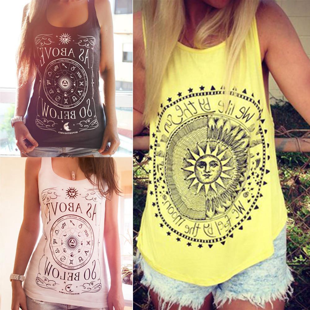 Geometric Garden Plate Letter Print Sleeveless Vest T-shirt For Women