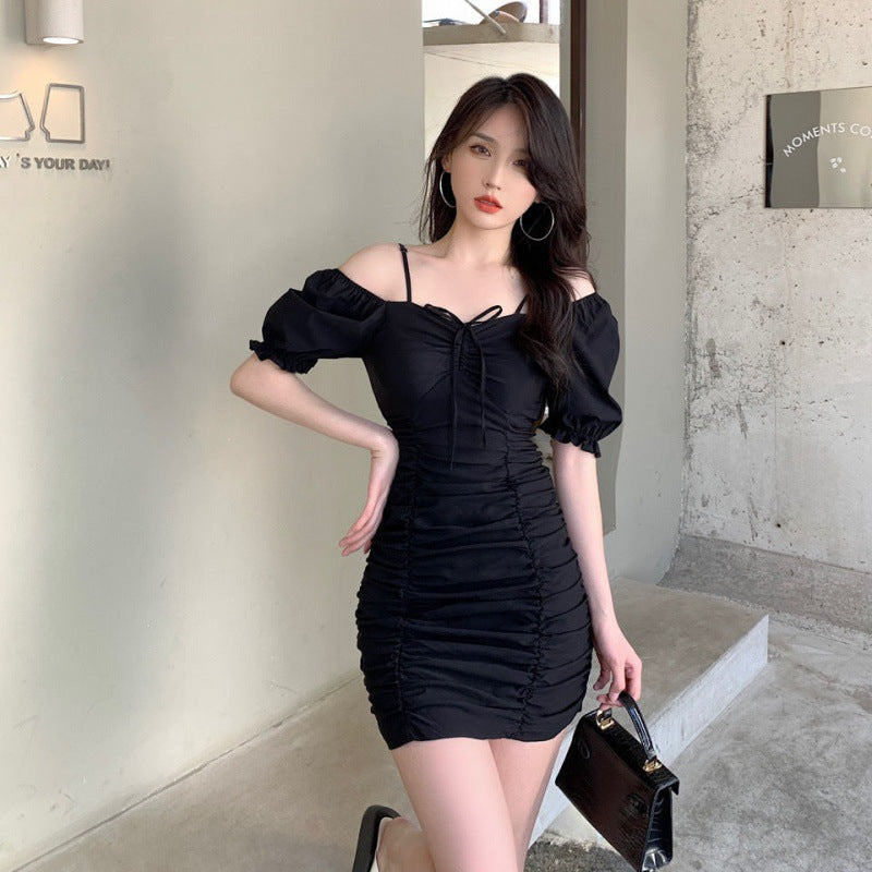 Square Neck Short Sleeve Dress Summer Women's Black French Style Slim Fit