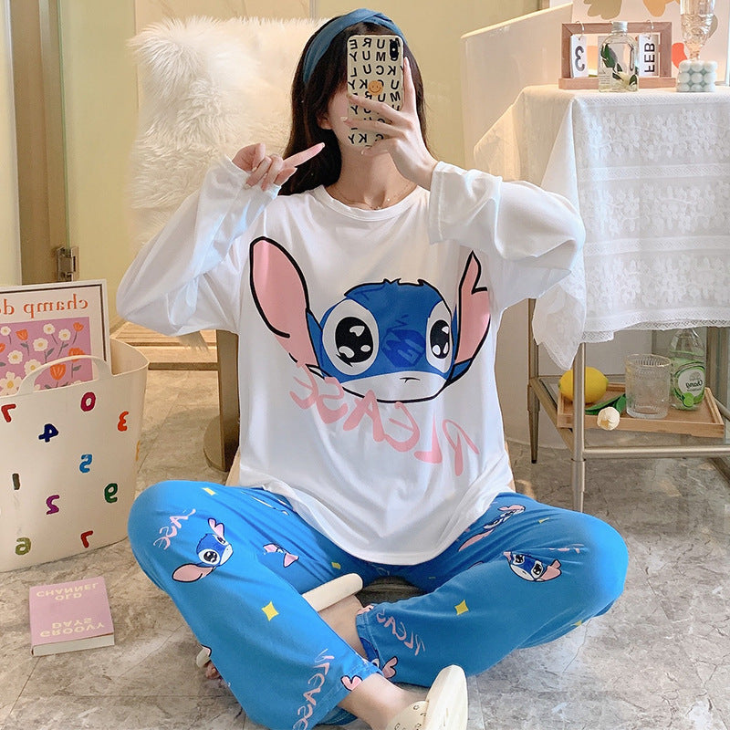 Outer Cartoon Pajamas Women's Short-sleeved Trousers  Polyester Fiber Home Service Two-piece Suit