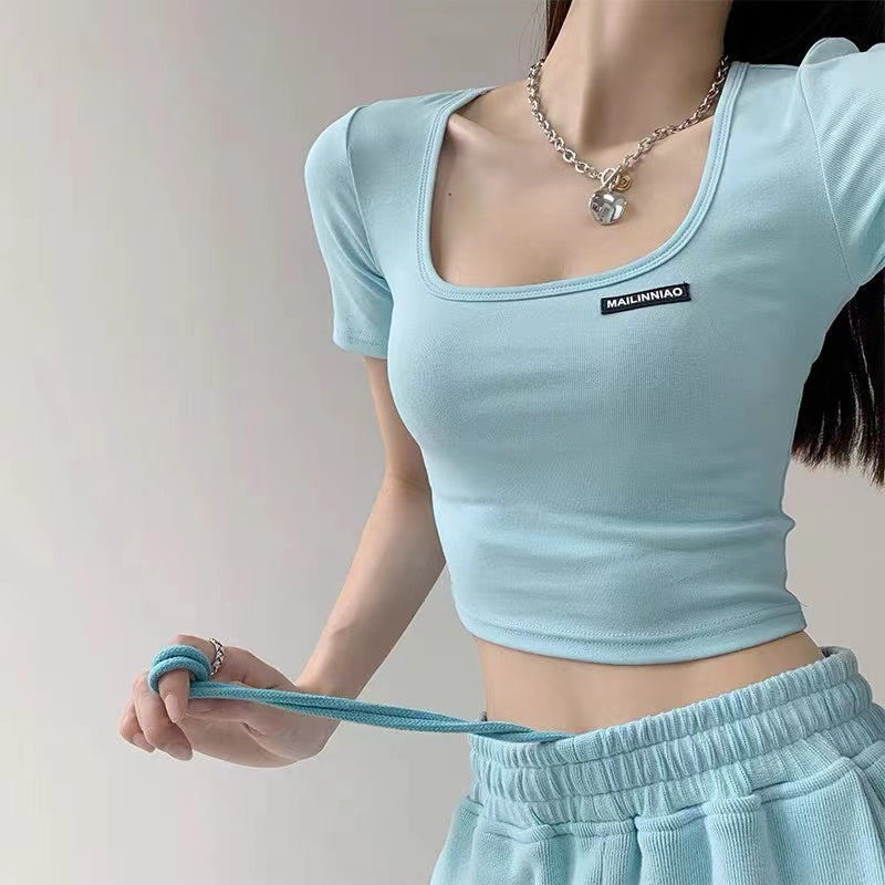 Square Neck Collarbone Tight Base Summer Hot Girl Short-sleeved Slim Top
