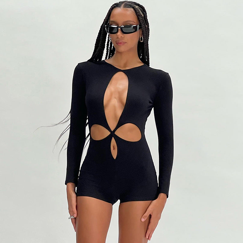 Women's Round Neck Long Sleeve Fashion Hollowed-out Sheath Jumpsuit Casual Pants For Women