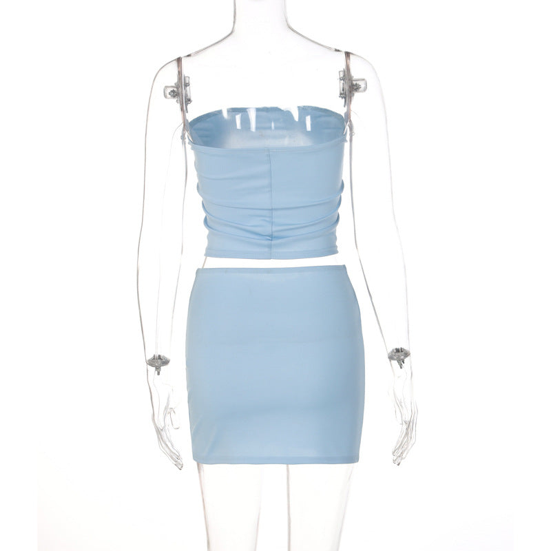 Casual One Word Tube Top Slim Short Skirt Suit