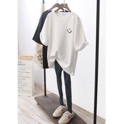 Smiley Face Round Neck Short-sleeved T-shirt Women Loose Slimming Top