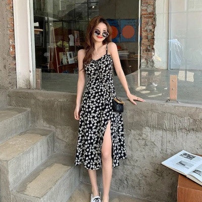 Women's Chiffon French Floral Slit Temperament Suspender Dress