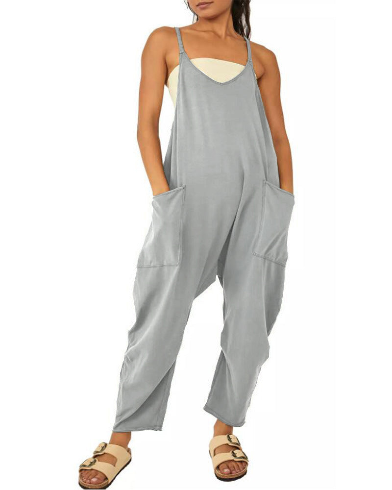 Women's Fashion Solid Color V-Neck Sling Pocket Jumpsuit